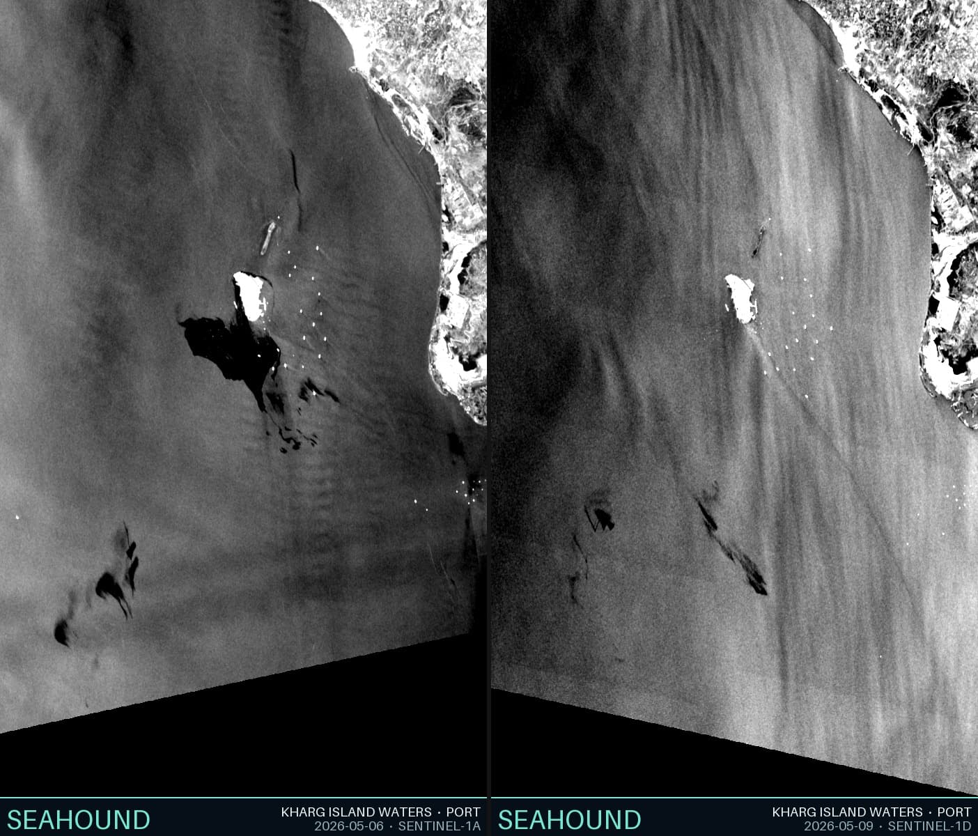 Sentinel-1 SAR comparison: Kharg Island waters on 6 May 2026 (left) showing the large dark slick, and 9 May 2026 (right) showing 24 small residual patches after three days of weathering.
